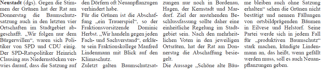 Rat beschließt: Baumschutzsatzung weg (Bild und Text)