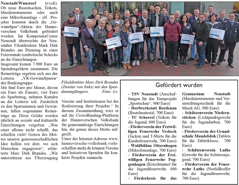 Volksbank untersttzt elf gemeinntzige Projekte mit 7.900 Euro (Bild und Text)