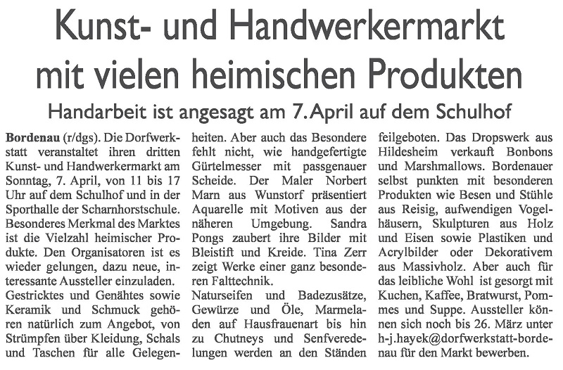 Kunst- und Handwerkermarkt mit vielen heimischen Produkten (Text)